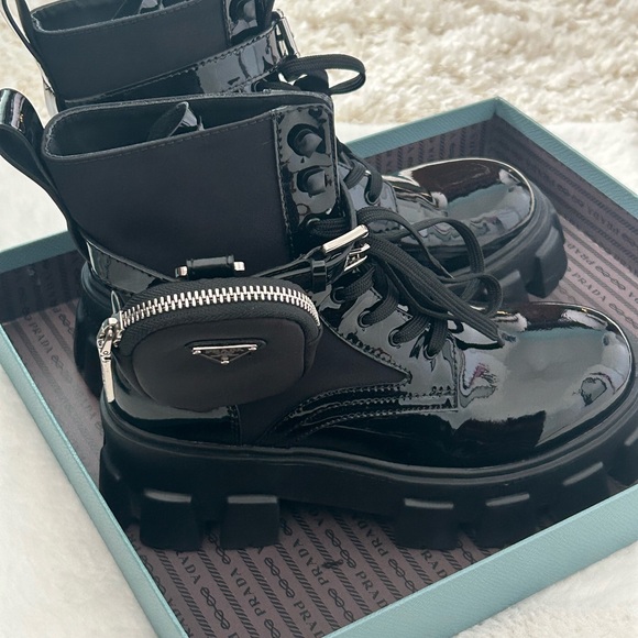Authentic PRADA Monolith Patent Leather Boots with Side Pouches - Picture 3 of 14